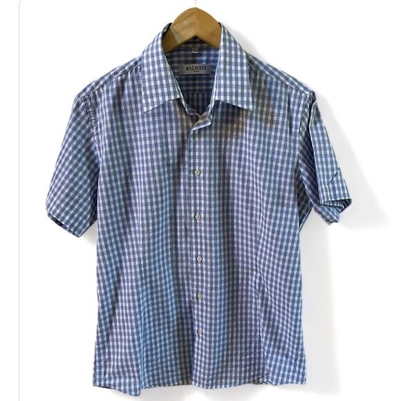 Balmain Paris Checkered Short Sleeve Button Down Shirt in Blue and White M